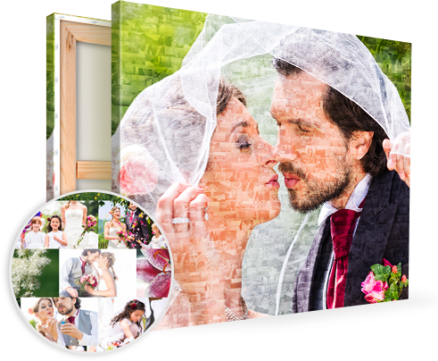 Huwelijk bruidspaar op fotomozaiek